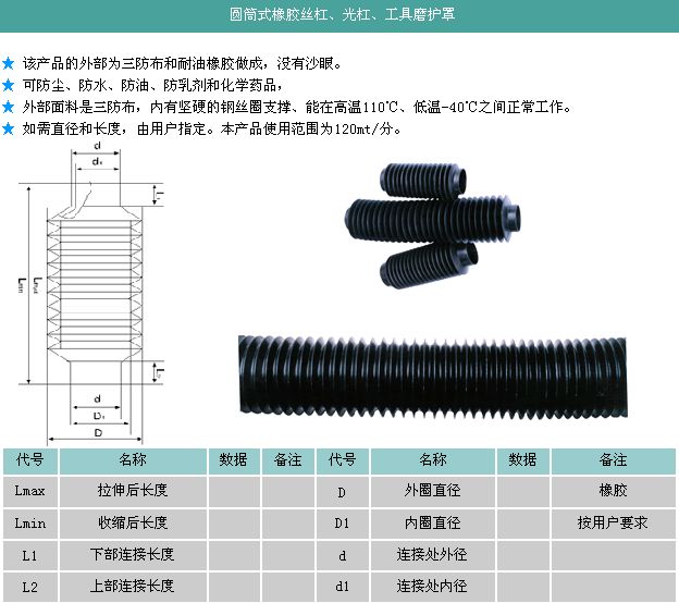 圆筒式橡胶丝杠、光杠、工具磨护罩